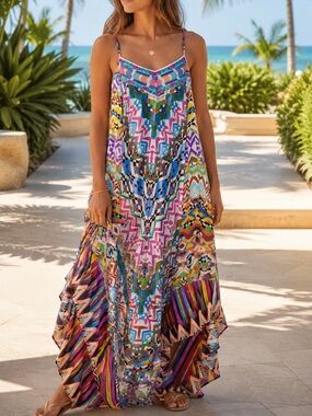 Kas New York Bohemian Silky Maxi Dress S Art To Wear Hippie Vacation Boho Artsy